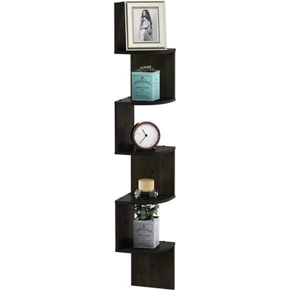 Wall Mount Floating Corner Shelf, 5-Tier Radial, Espresso - Picture 3 of 6